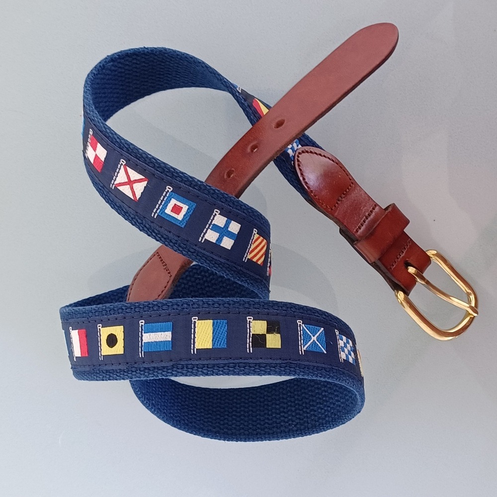 Leather Man Ltd Mens Nautical Signal Flag Belt Navy Blue Leather Brass Size 38